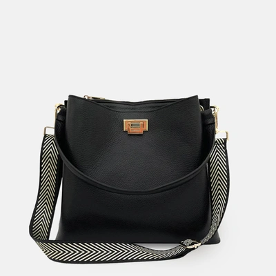 APATCHY LONDON BLACK LEATHER TOTE BAG WITH BLACK & GOLD CHEVRON STRAP