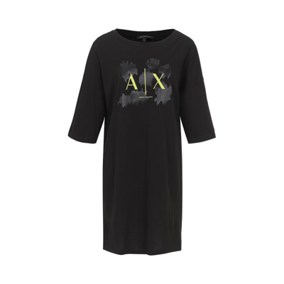 Armani Exchange 女士纯棉透气圆领logo印花弹力直筒t恤连衣裙 In Black