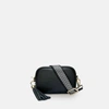 APATCHY LONDON THE MINI TASSEL BLACK LEATHER PHONE BAG WITH BLACK & SILVER CHEVRON STRAP