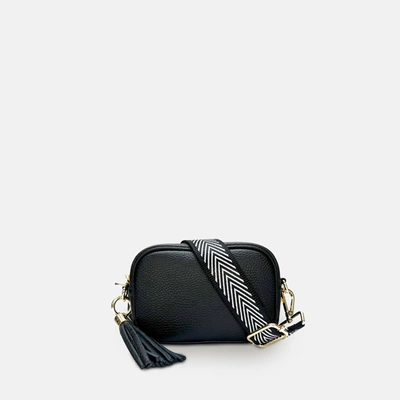 Apatchy London The Mini Tassel Black Leather Phone Bag With Black & Silver Chevron Strap