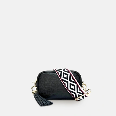 Apatchy London The Mini Tassel Black Leather Phone Bag With Black & Stone Maze Strap