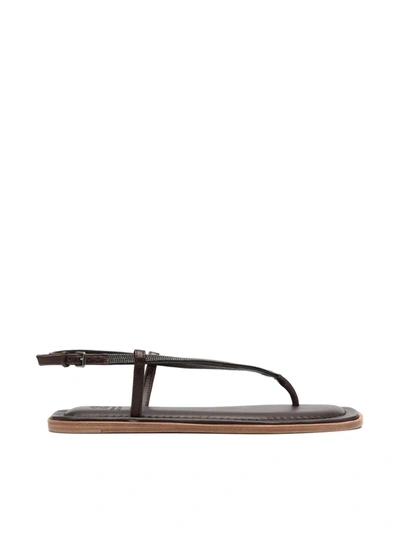 Brunello Cucinelli Thong Leather Flat Sandals In Dark Brown