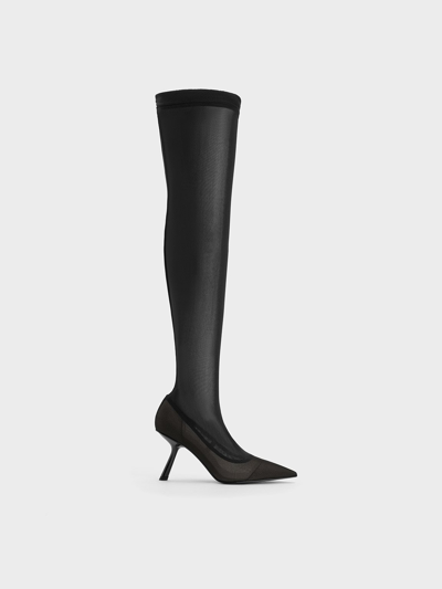 Charles & Keith Mesh Slant-heel Thigh-high Boots In Black Textured
