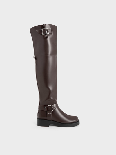 Charles & Keith Buckled Thigh-high Boots In Dark Brown