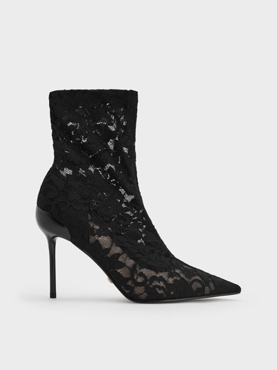 Charles & Keith Lace & Mesh Ankle Boots In Black Textured