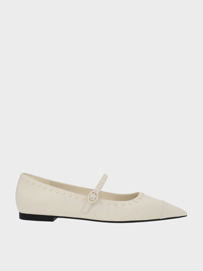 Charles & Keith Studded Pointed-toe Mary Jane Flats In Chalk