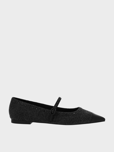 Charles & Keith Textured Studded Pointed-toe Mary Jane Flats In Grey