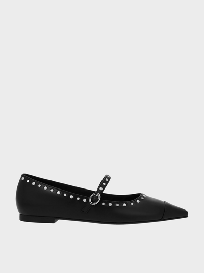 Charles & Keith Studded Pointed-toe Mary Jane Flats In Black