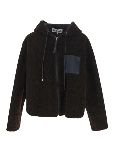 Loewe Shearling Hooded Jacket In Brown_navy_blue