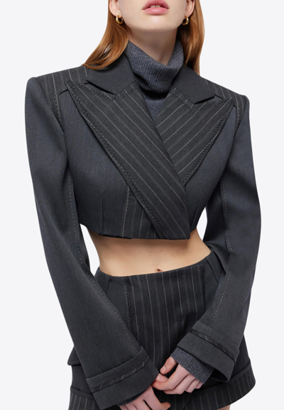 Simkhai Clare Leather-trimmed Cropped Blazer Jacket In Grey