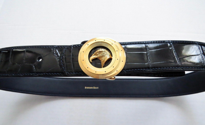 Pre-owned Stefano Ricci Blue Crocodile Leather With Eagle Gold Buckle Belt 36 Us 90 Cm