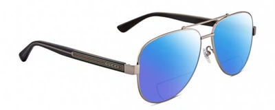 Pre-owned Gucci Gg0528s Aviator Polarized Bifocal Sunglasses Ruthenium Silver 63 Mm 41 Opt In Blue Mirror