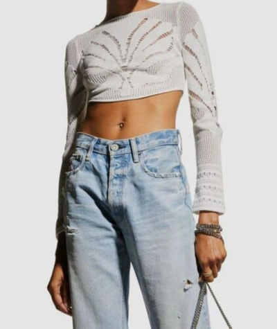 Pre-owned Just Cavalli $550  Womens White Crochet Cropped Jacquard Long Sleeve Top Size Xxl