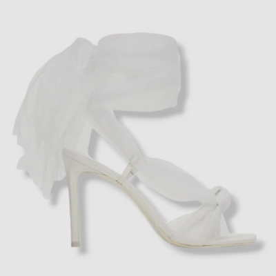 Pre-owned Mercedes Castillo $525  Women's White Ruffle Knot Ankle-wrap Sandal Shoes Us 6.5