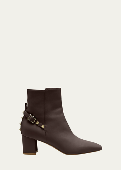 Pre-owned Valentino Garavani Rockstud Leather Block-heel Booties - Retail $1550 In Brown