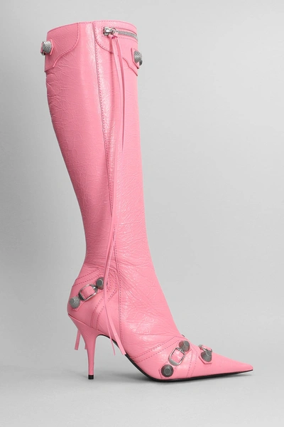 Balenciaga Cagole Embellished Textured-leather Knee Boots In Rose-pink