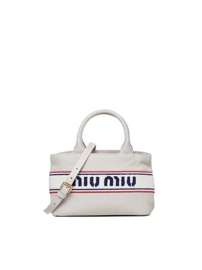 Miu Miu Logo Embroidered Top Handle Bag In Gesso