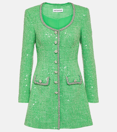 Self-portrait Sequined Bouclé Minidress In Green