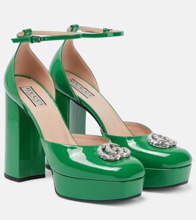 Gucci Double G Patent Leather Platform Pumps In Green