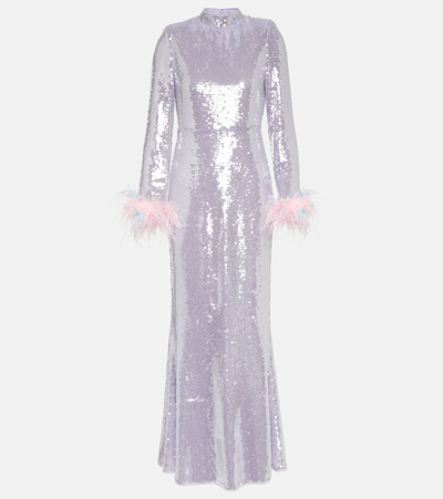 Self-portrait Feather-trimmed Sequined Gown In Purple