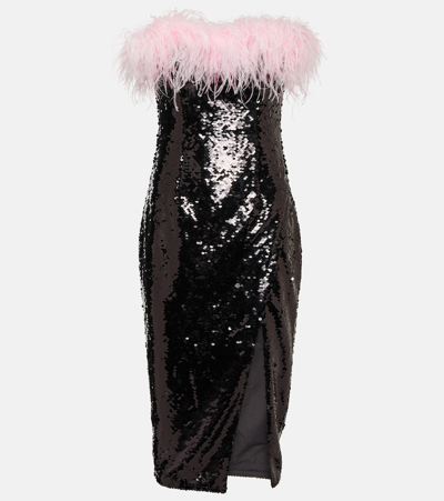 Self-portrait Feather-trimmed Sequined Midi Dress In Black