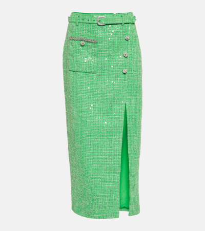 Self-portrait Sequined Embellished Bouclé Midi Skirt In Green