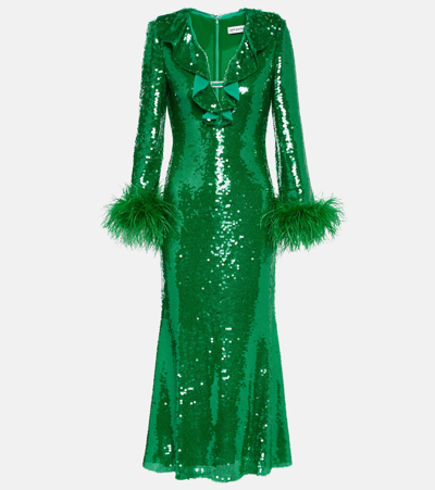 Self-portrait Feather-trimmed Sequined Midi Dress In Green