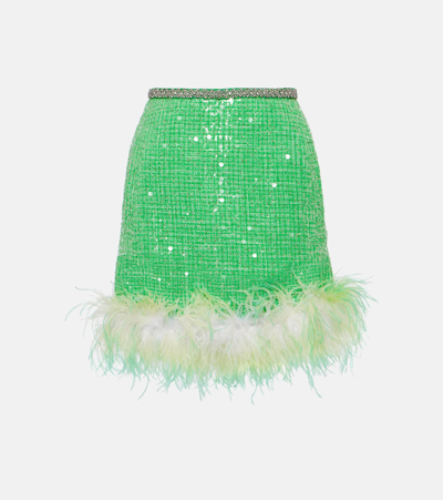 Self-portrait Feather-trimmed Sequined Bouclé Miniskirt In Green