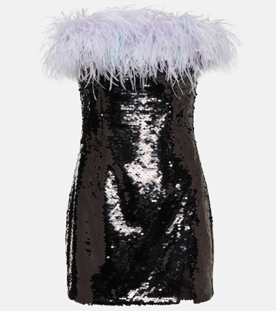 Self-portrait Feather-trimmed Sequined Minidress In Black