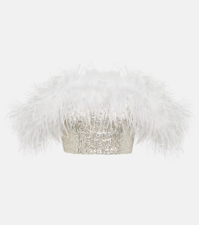 Self-portrait Sequined Feather-trimmed Crop Top In Silver
