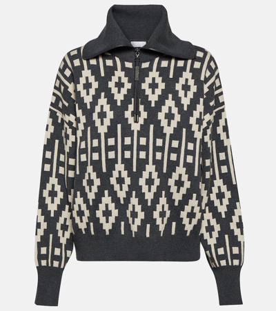 Brunello Cucinelli Vintage Jacquard Sweater In Virgin Wool, Cashmere And Silk With Shiny Half Zip In Black Multi