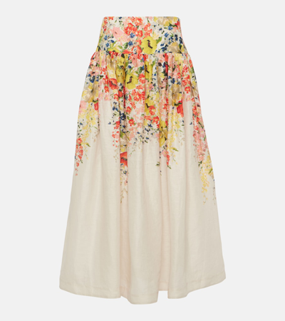 Zimmermann Alight Floral-print Linen Skirt In White