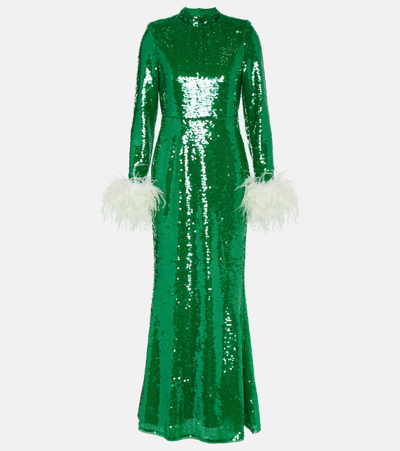 Self-portrait Sequined Feather-trimmed Gown In Green