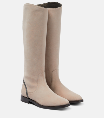 Brunello Cucinelli Embellished Suede Knee-high Boots In Pink