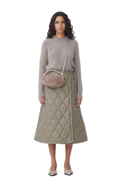 Ganni Brown Shiny Quilt Midi Skirt In Grey