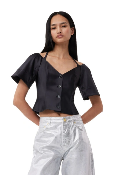 Ganni Double Satin Fitted Open-neck Blouse In Black