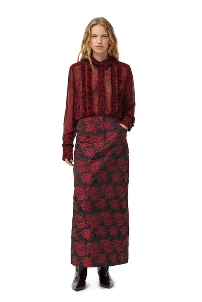 Ganni Red Botanical Jacquard Long Skirt In High Risk Red