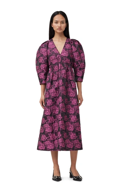 Ganni Cone Flower Pink Botanical Jacquard V-neck Midi Dress Size 10 Women's In Multi