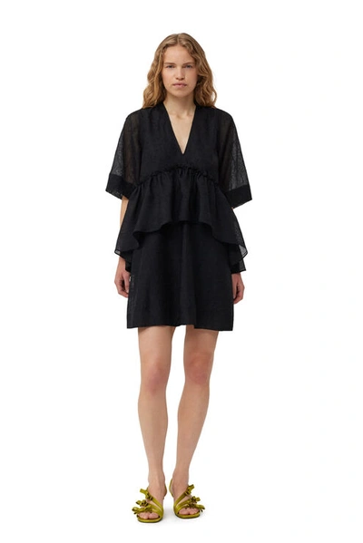 Ganni Crinckled Georgette Flounce Mini Dress In Black
