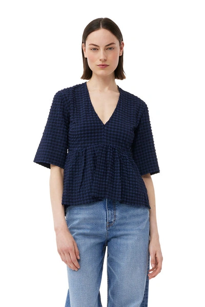 Ganni Seersucker Stretch Tech V-neck Top In Multi