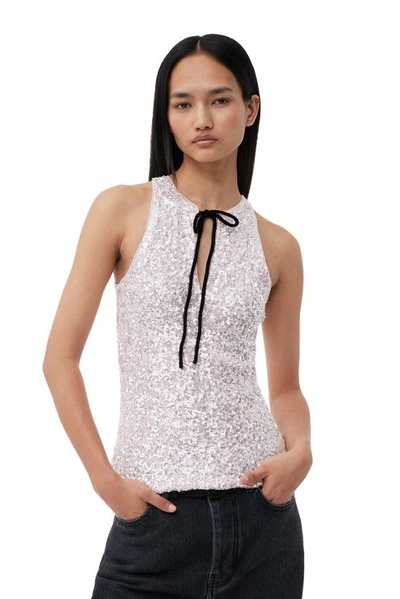Ganni V-neck 3d Sequin Top In Pink