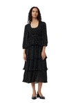 Ganni Black Pleated Georgette Flounce Smock Midi Dress In Black