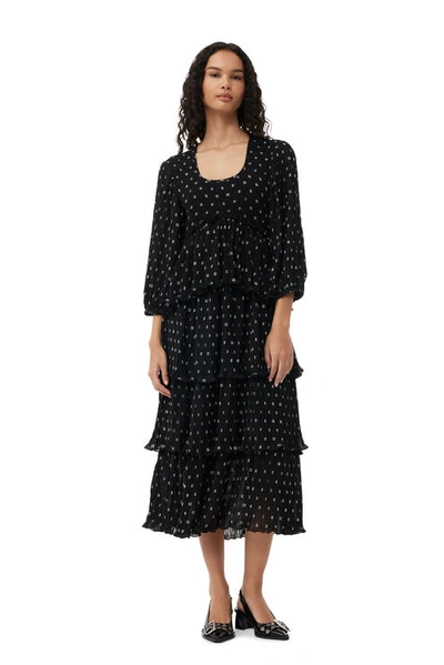 Ganni Black Pleated Georgette Flounce Smock Midi Dress