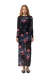 Ganni Printed Mesh O-neck Ruched Long Dress In Black