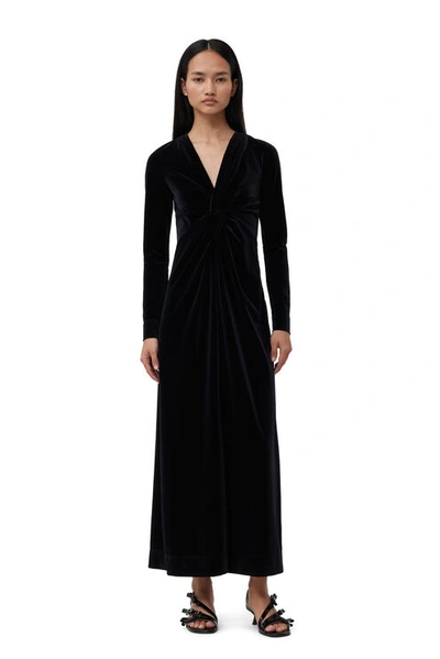 Ganni Velvet Jersey Twist Long Dress In Black