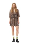 Ganni Almond Milk Pleated Georgette V-neck Flounce Mini Dress In Animal Print Recycled Polyester In Almond Milk
