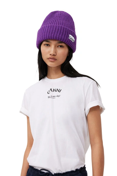 Ganni Purple Loose Wool Rib Knit Beanie