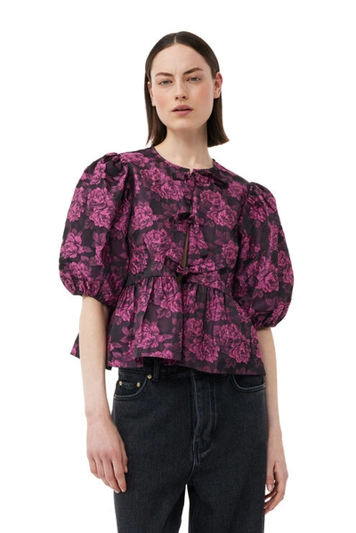 Ganni Pink Botanical Jacquard Peplum Blouse In Cone Flower