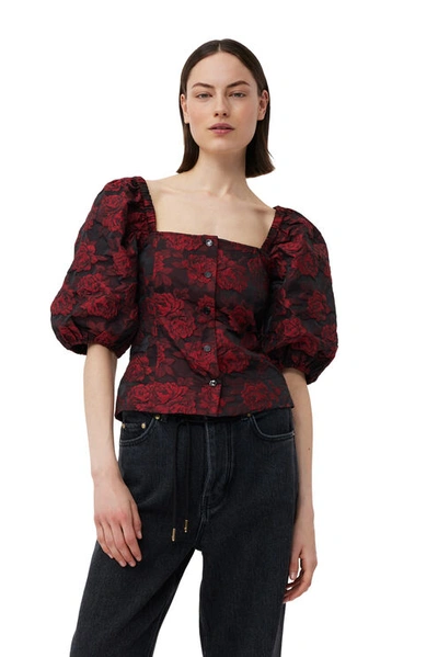GANNI RED BOTANICAL JACQUARD FITTED BLOUSE