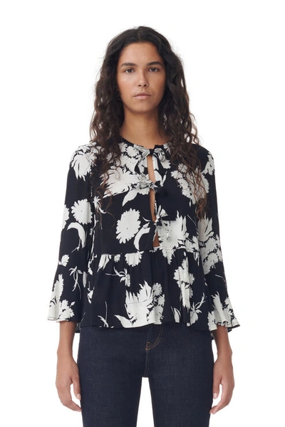 Ganni Printed Crepe Peplum Blouse In Black